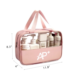 A waterproof hand-held cosmetic bag made of PU and transparent PVC