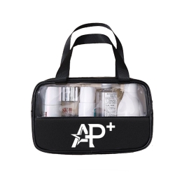 A waterproof hand-held cosmetic bag made of PU and transparent PVC